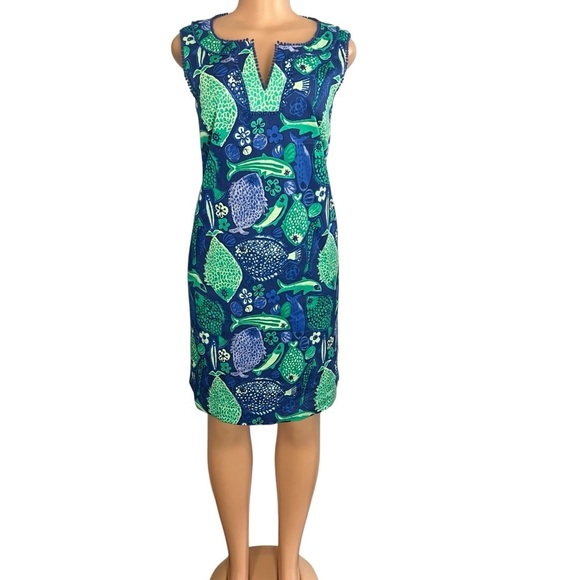 Talbots Blue & Green Fish Print Sheath Dress Cotton Blend - Picture 1 of 9